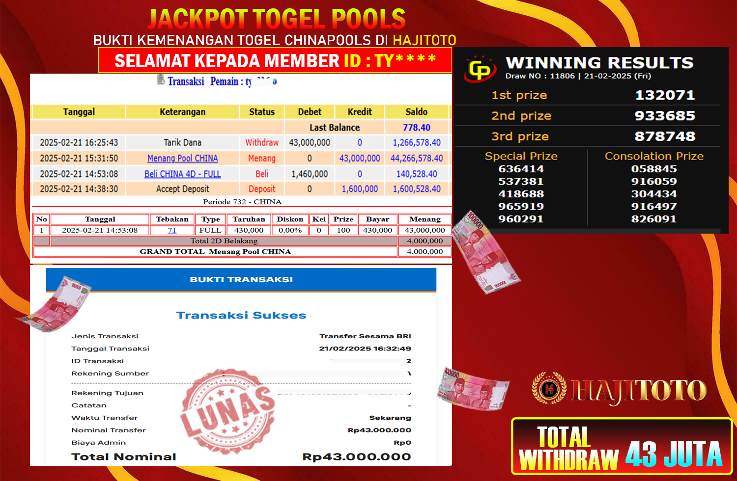 SELAMAT KEPADA PEMENANG MEMBER MERAIH JACKPOT DI GAME TOGEL CHINA POOLS TOTAL RP 43.000.000 DI BAYAR LUNAS